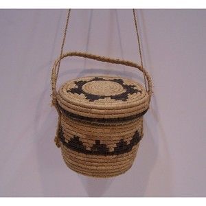 Vintage Round Spiral Handwoven Hanging Basket/Purse with Lid 2 Handles Two-tone